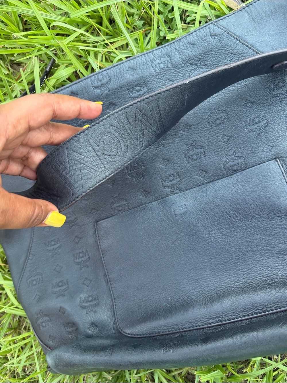 MCM Black Embossed Leather Shoulder Bag with Tan Trim - Picture 3 of 9